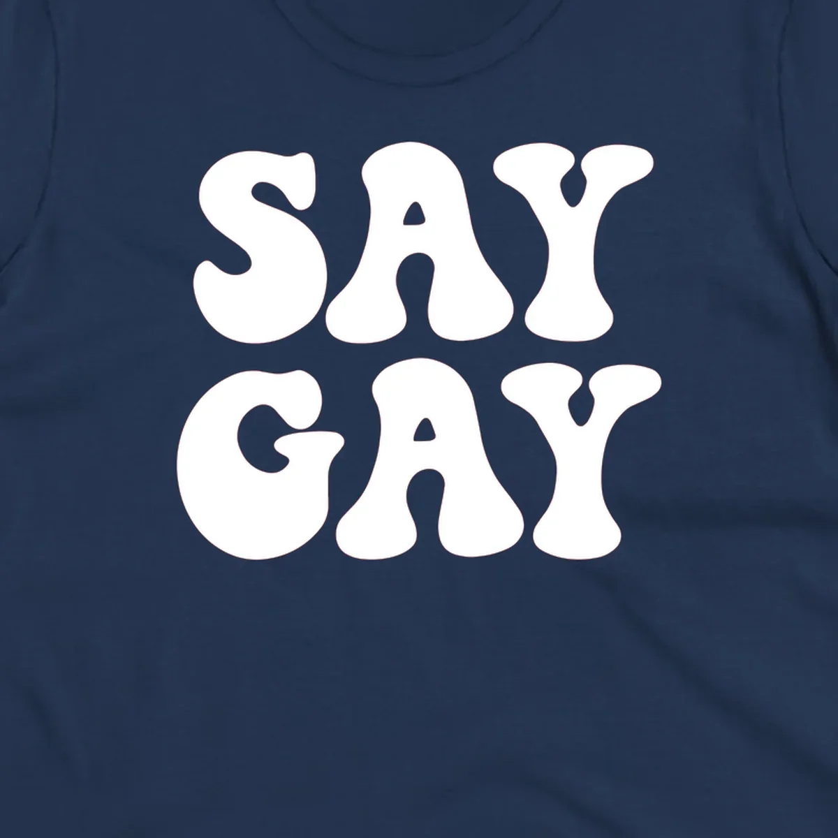 Say Gay Pride design with bold white letters featuring organic rounded typography on gray background
