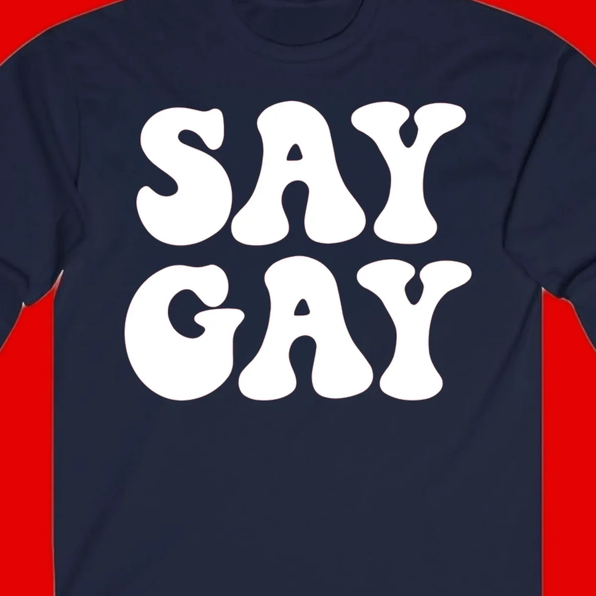Say Gay Pride design with bold white letters featuring organic rounded typography on gray background