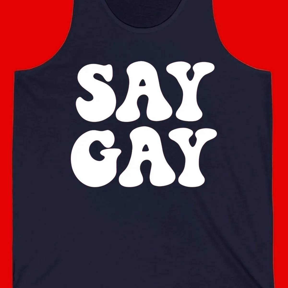 Say Gay Pride design with bold white letters featuring organic rounded typography on gray background