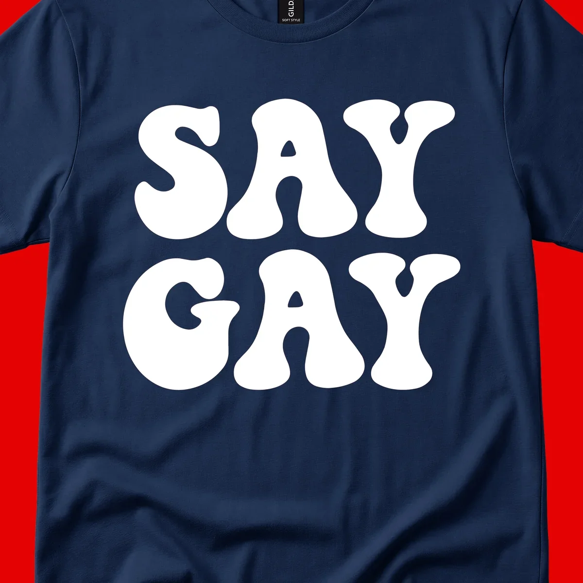 Say Gay Pride design with bold white letters featuring organic rounded typography on gray background