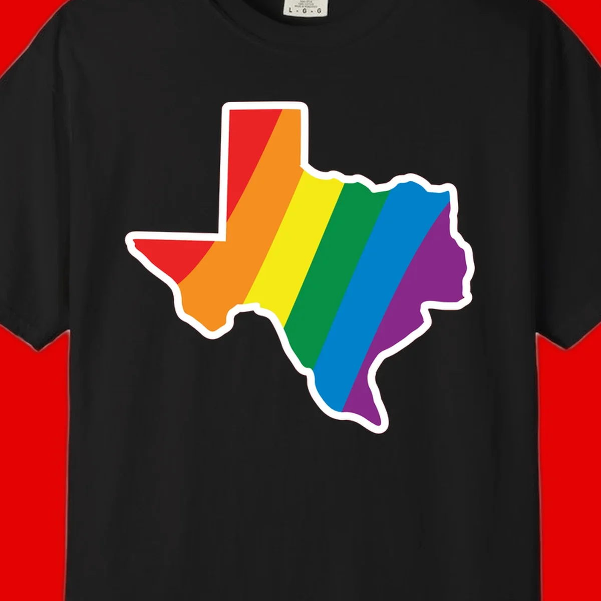 Texas state map filled with diagonal rainbow pride flag stripes in red, orange, yellow, green, blue, and purple with white border