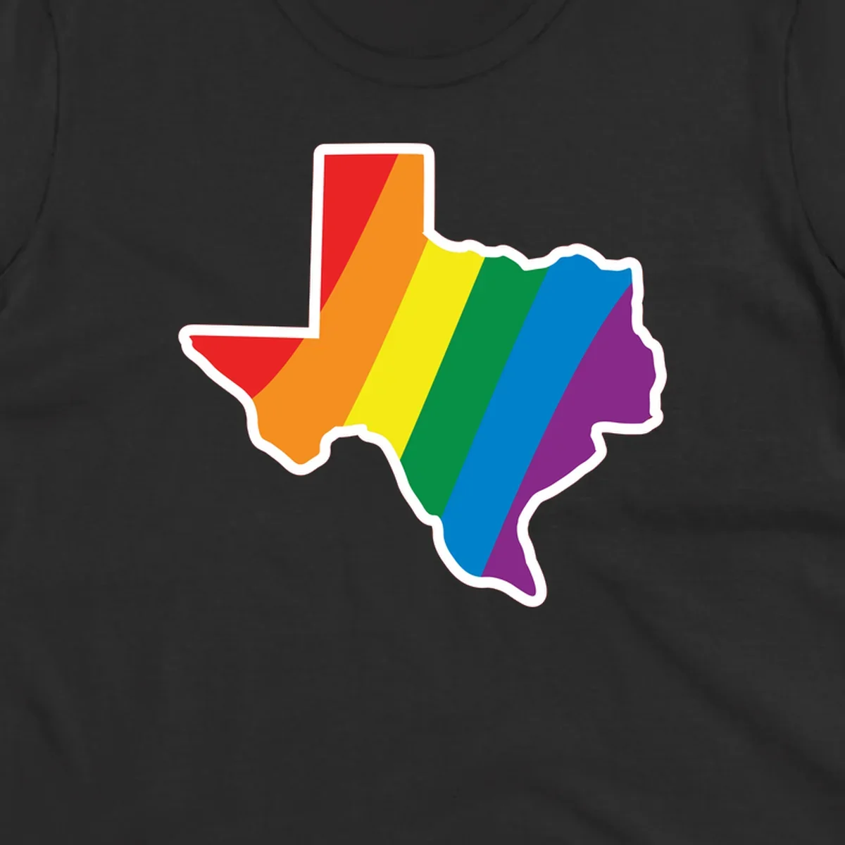 Texas state map filled with diagonal rainbow pride flag stripes in red, orange, yellow, green, blue, and purple with white border