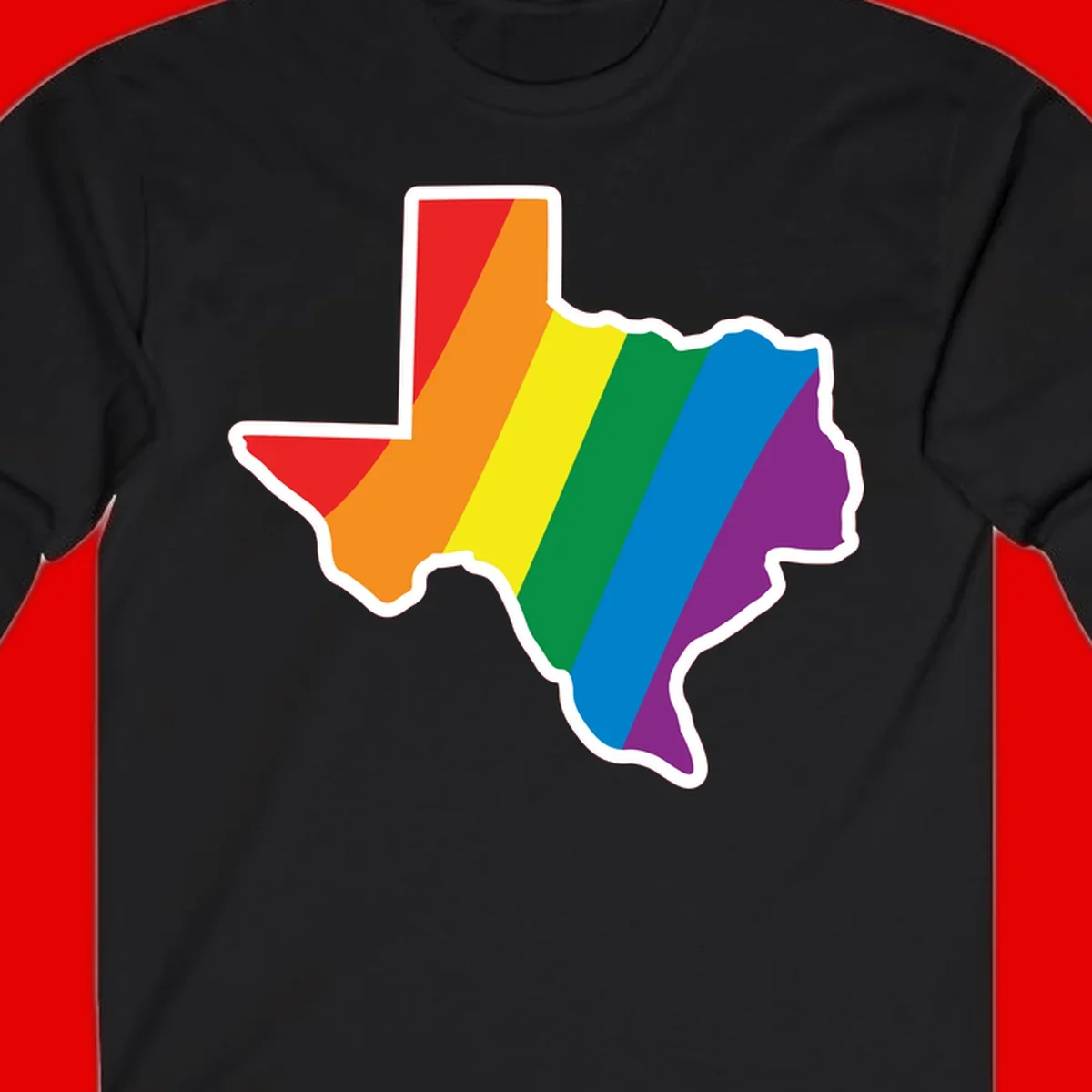 Texas state map filled with diagonal rainbow pride flag stripes in red, orange, yellow, green, blue, and purple with white border