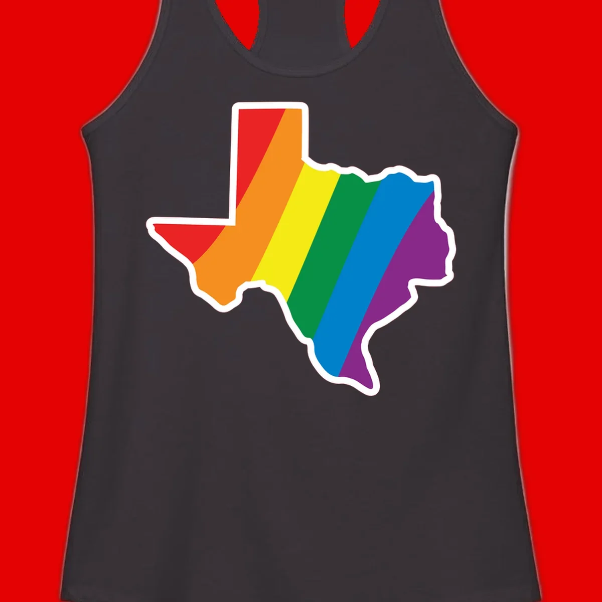 Texas state map filled with diagonal rainbow pride flag stripes in red, orange, yellow, green, blue, and purple with white border