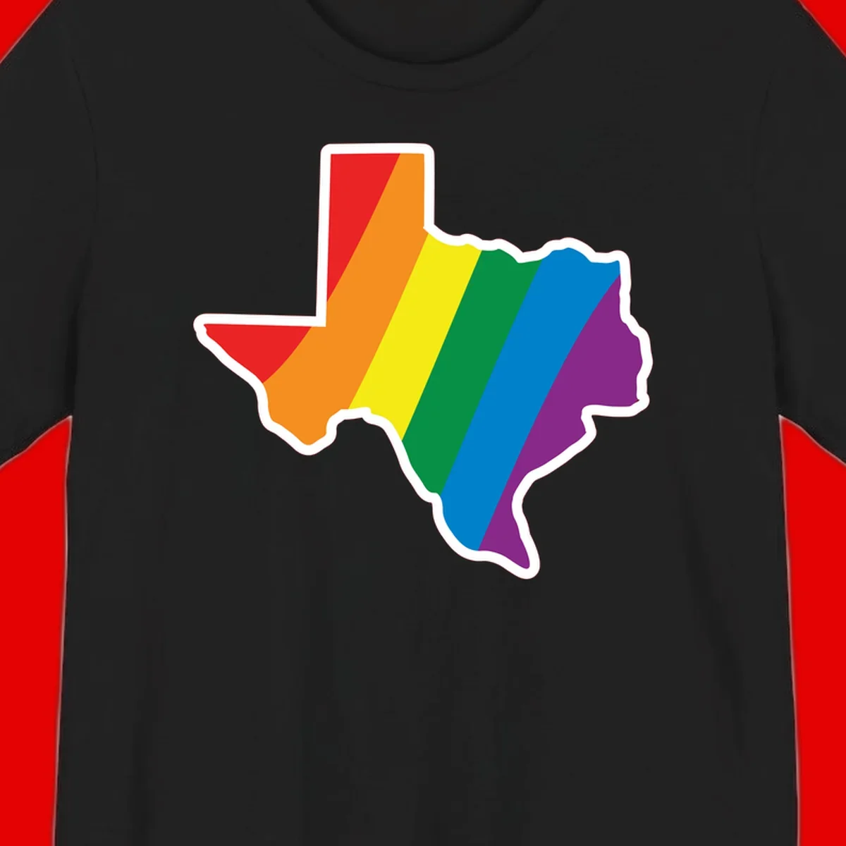 Texas state map filled with diagonal rainbow pride flag stripes in red, orange, yellow, green, blue, and purple with white border