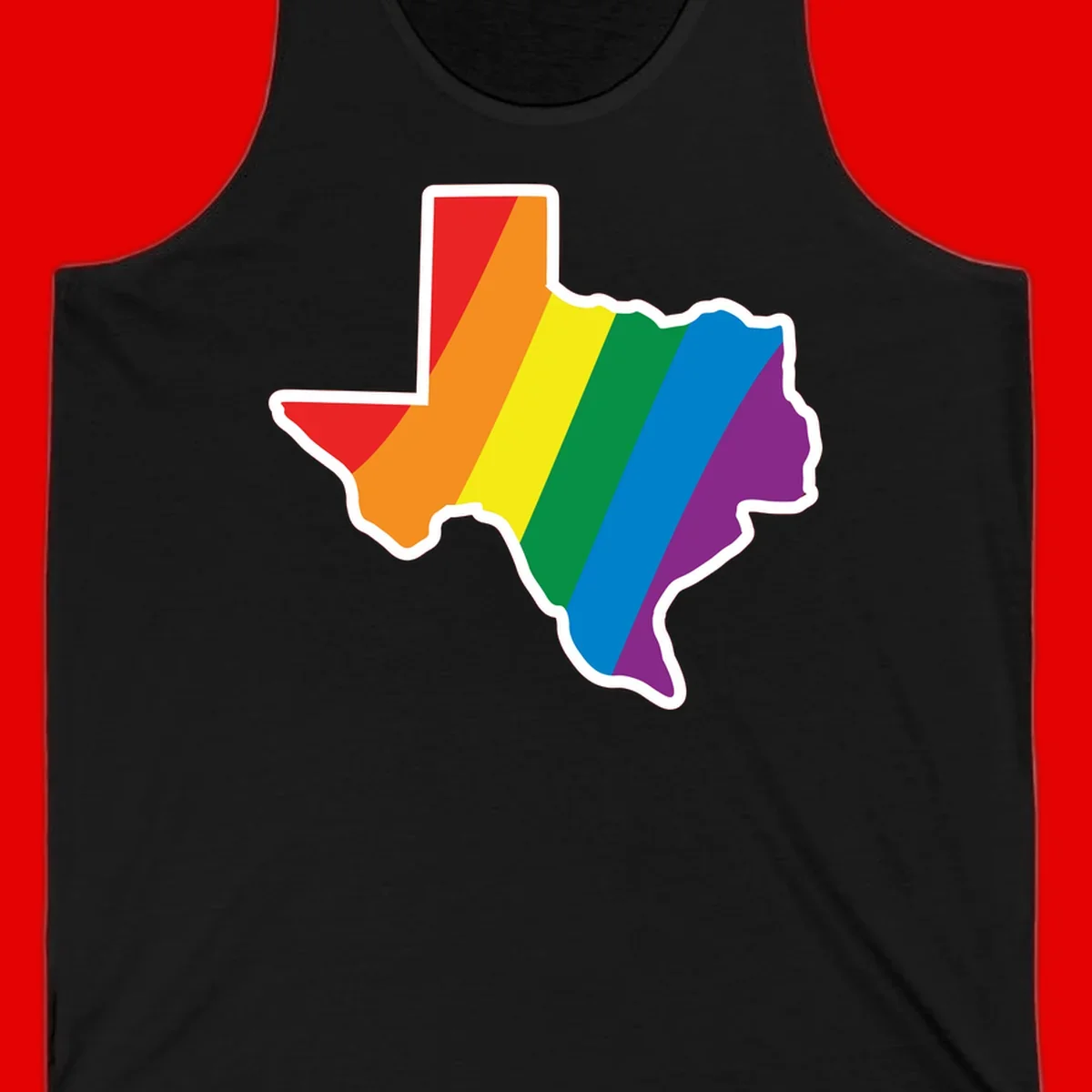 Texas state map filled with diagonal rainbow pride flag stripes in red, orange, yellow, green, blue, and purple with white border