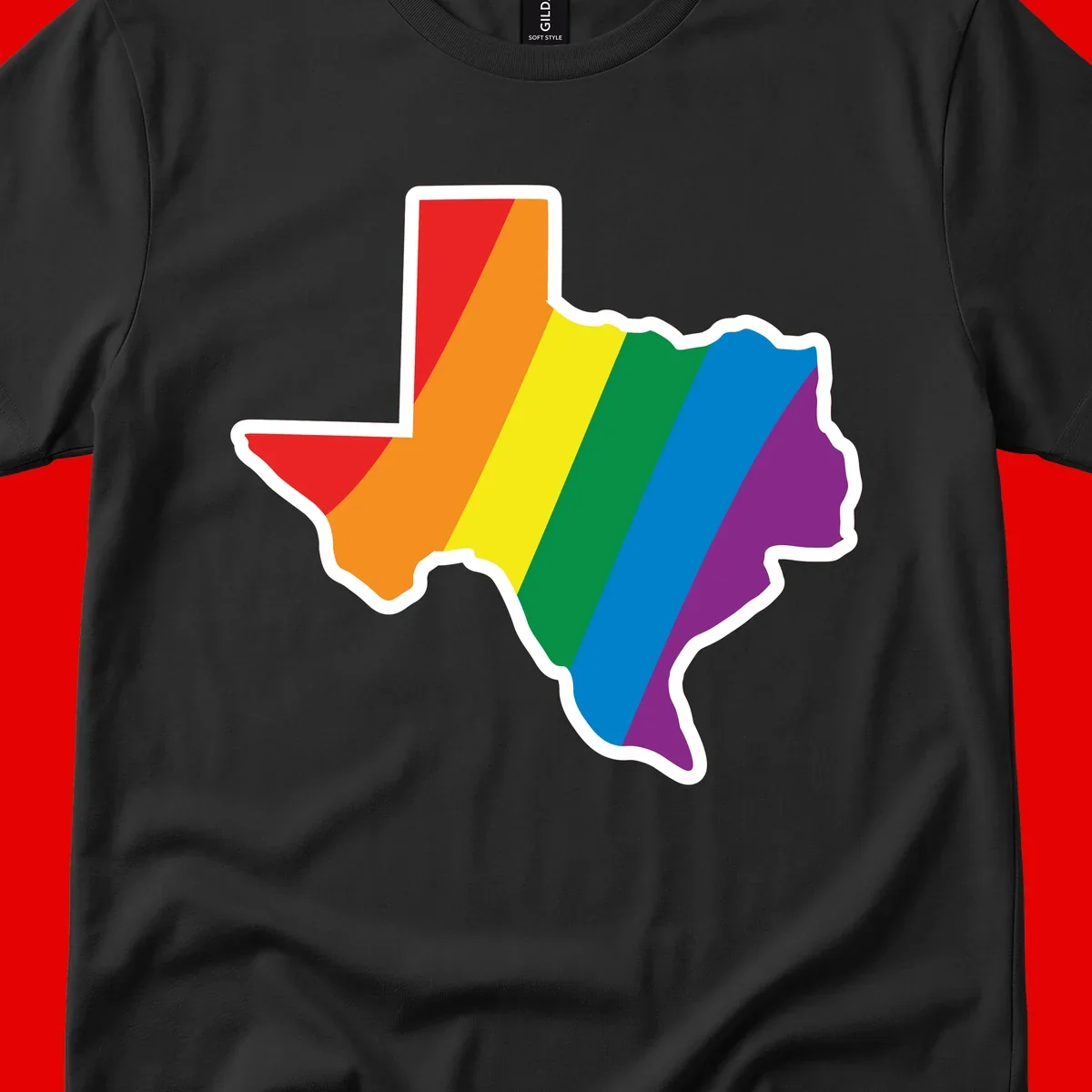 Texas state map filled with diagonal rainbow pride flag stripes in red, orange, yellow, green, blue, and purple with white border