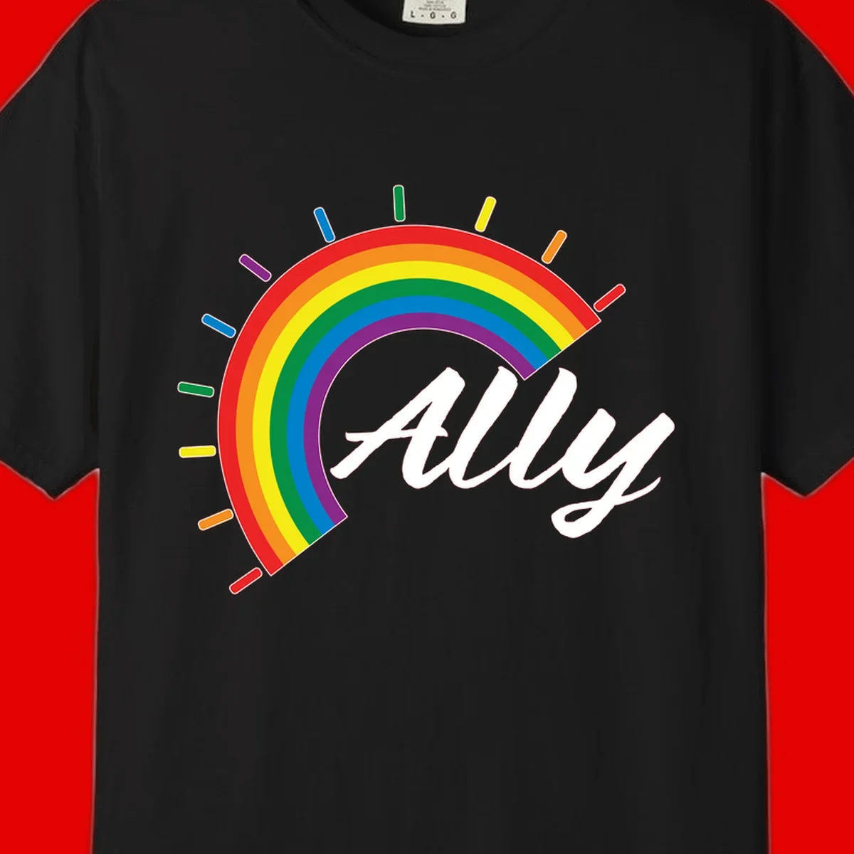 Colorful pride rainbow arc with radiating lines behind white cursive 'ally' text on gray background