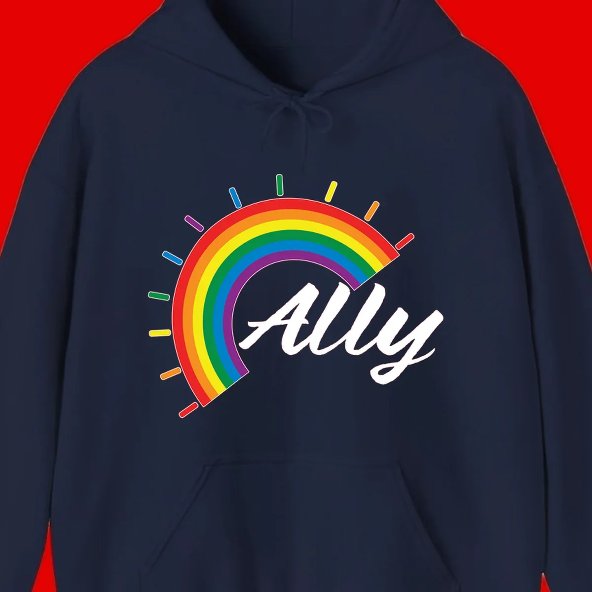 Colorful pride rainbow arc with radiating lines behind white cursive 'ally' text on gray background