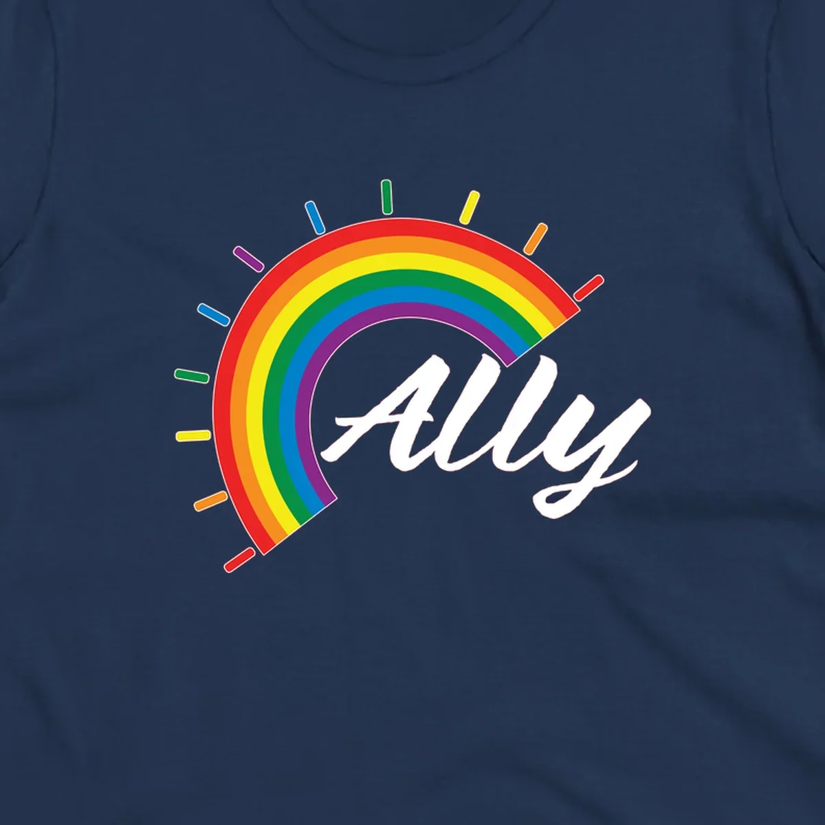 Colorful pride rainbow arc with radiating lines behind white cursive 'ally' text on gray background