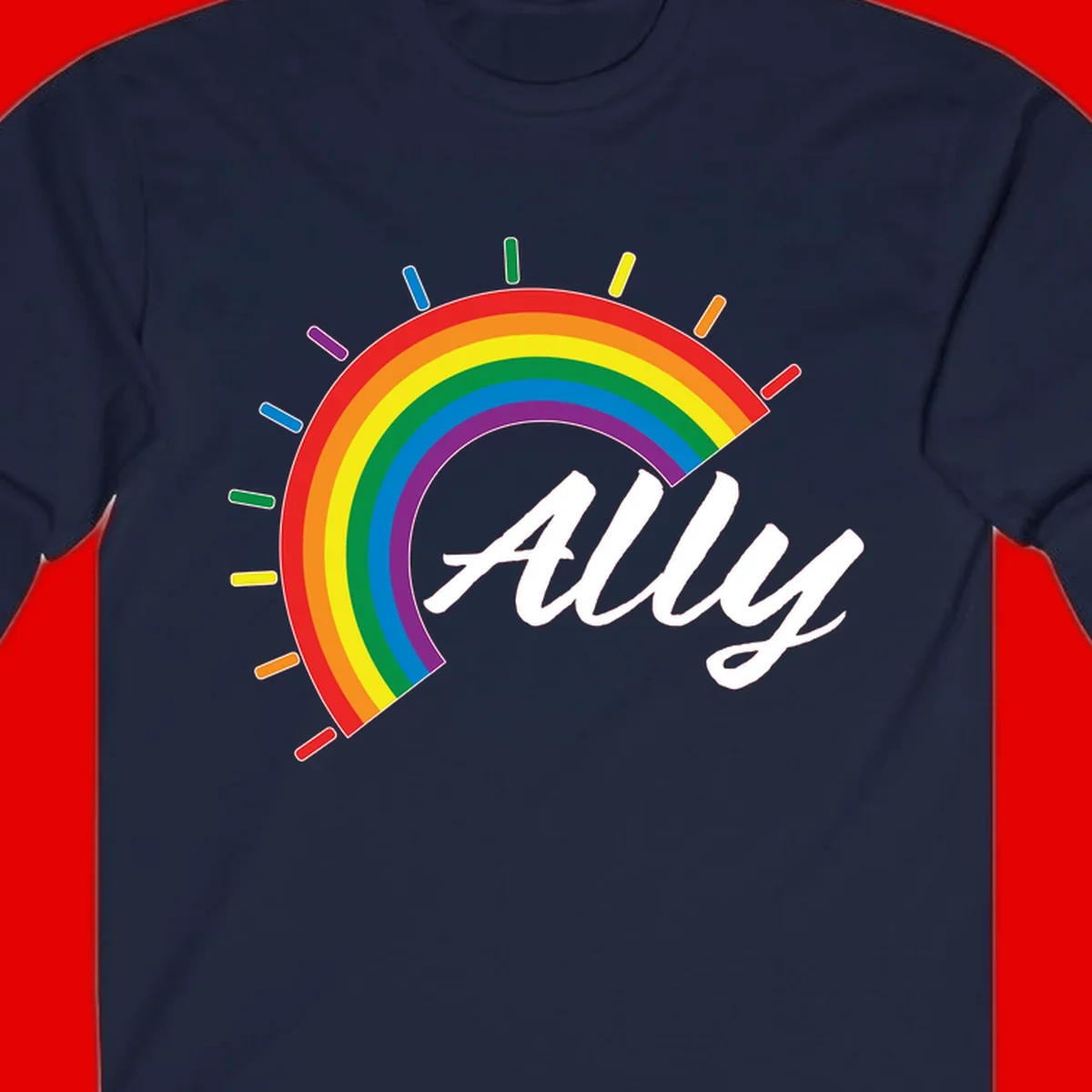 Colorful pride rainbow arc with radiating lines behind white cursive 'ally' text on gray background