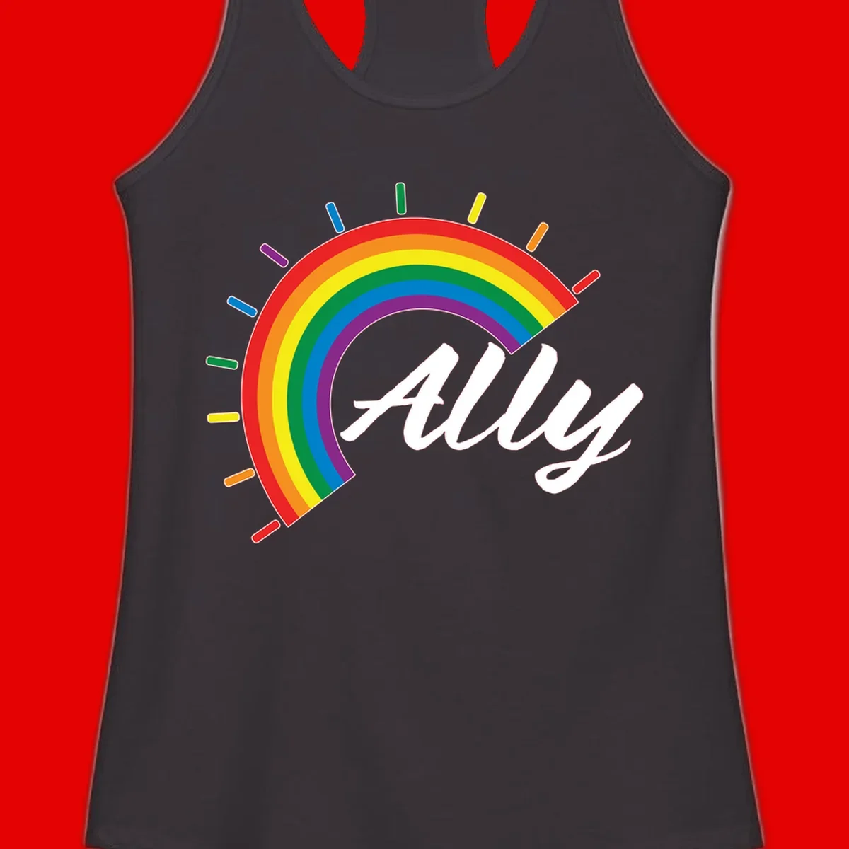 Colorful pride rainbow arc with radiating lines behind white cursive 'ally' text on gray background