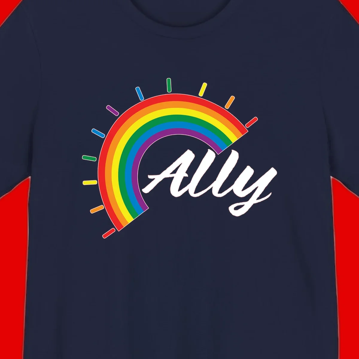 Colorful pride rainbow arc with radiating lines behind white cursive 'ally' text on gray background