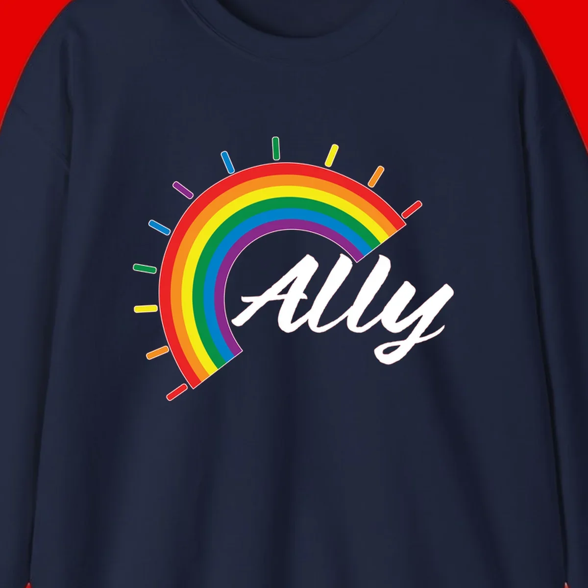 Colorful pride rainbow arc with radiating lines behind white cursive 'ally' text on gray background
