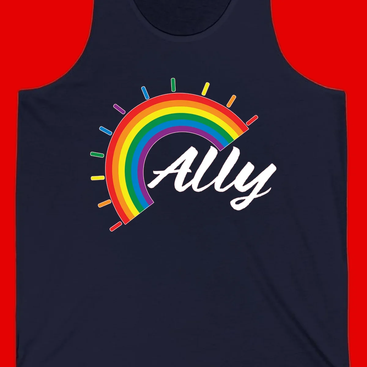 Colorful pride rainbow arc with radiating lines behind white cursive 'ally' text on gray background