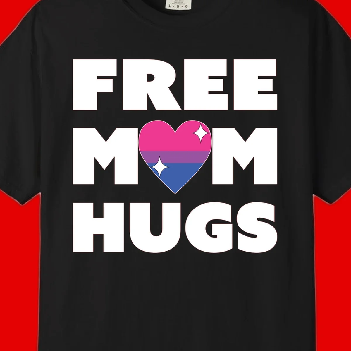 Free Mom Hugs design with bisexual pride flag heart and white sparkles on gray background