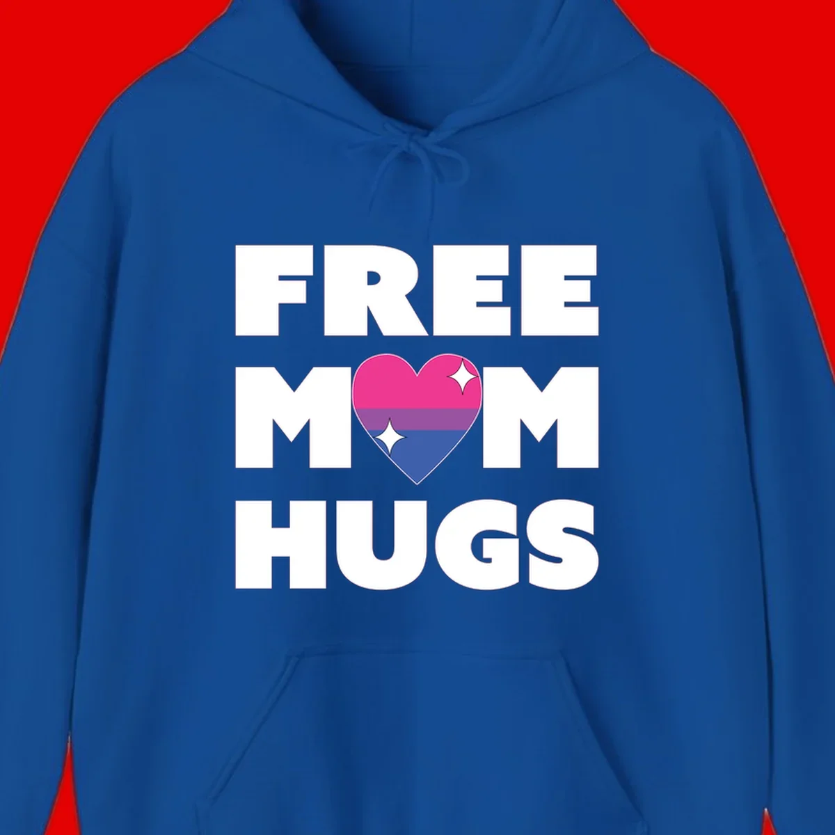 Free Mom Hugs design with bisexual pride flag heart and white sparkles on gray background