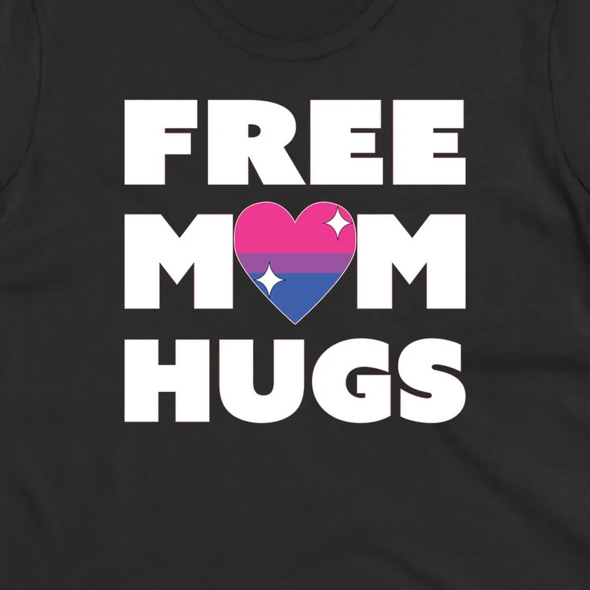 Free Mom Hugs design with bisexual pride flag heart and white sparkles on gray background