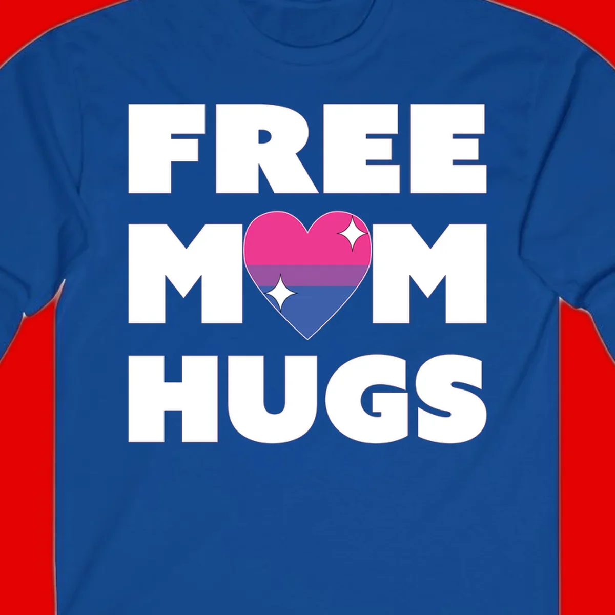 Free Mom Hugs design with bisexual pride flag heart and white sparkles on gray background