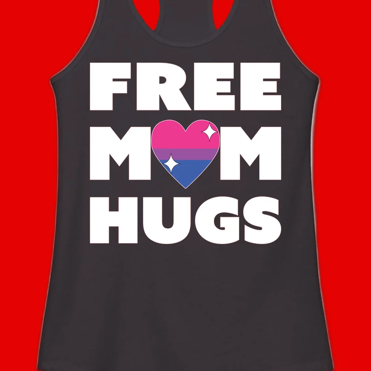 Free Mom Hugs design with bisexual pride flag heart and white sparkles on gray background