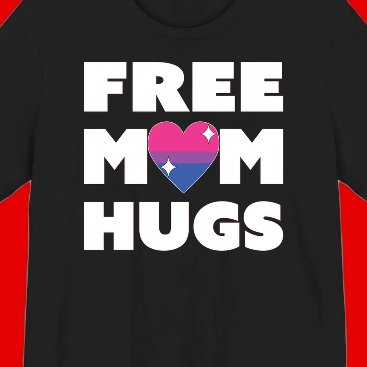 Free Mom Hugs design with bisexual pride flag heart and white sparkles on gray background