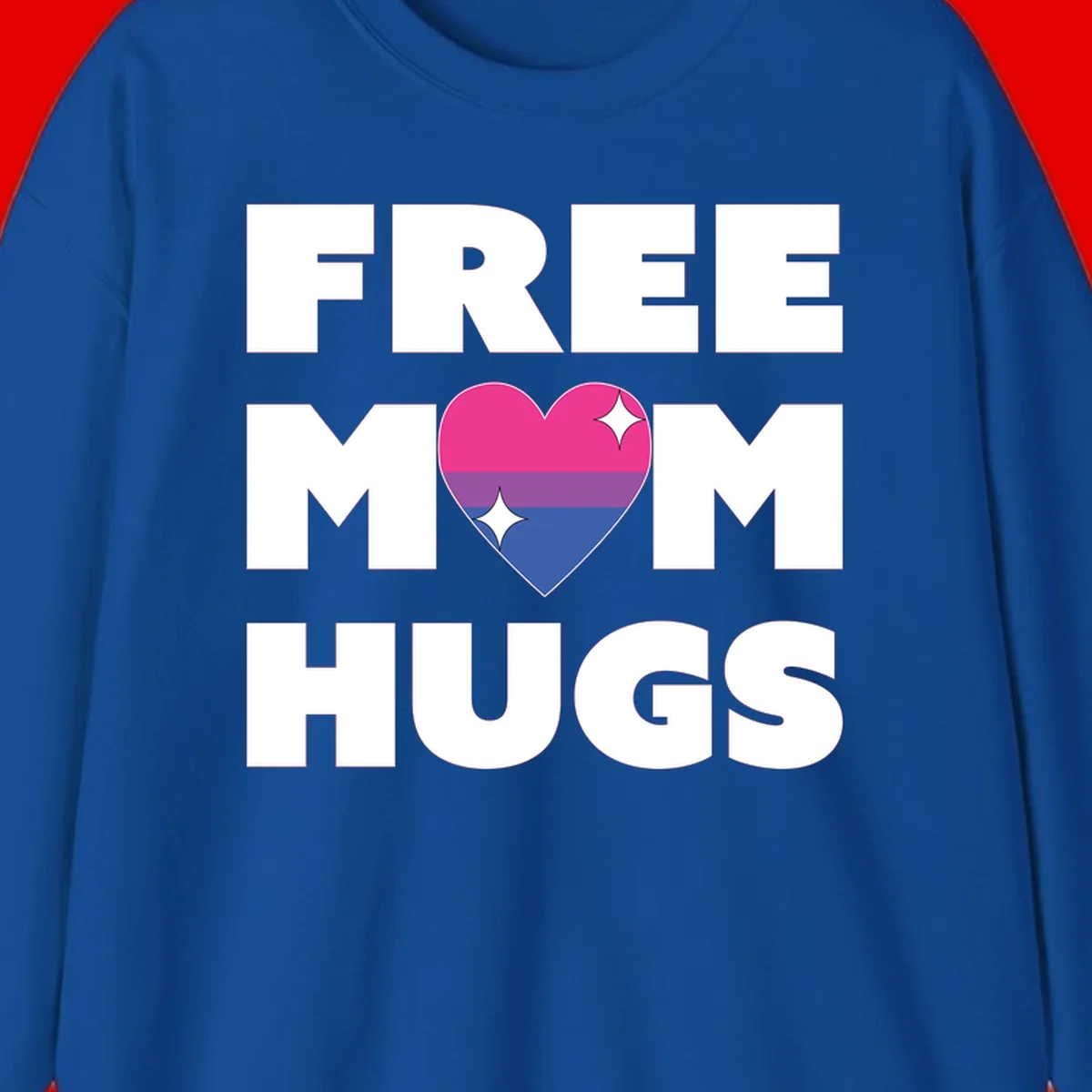 Free Mom Hugs design with bisexual pride flag heart and white sparkles on gray background