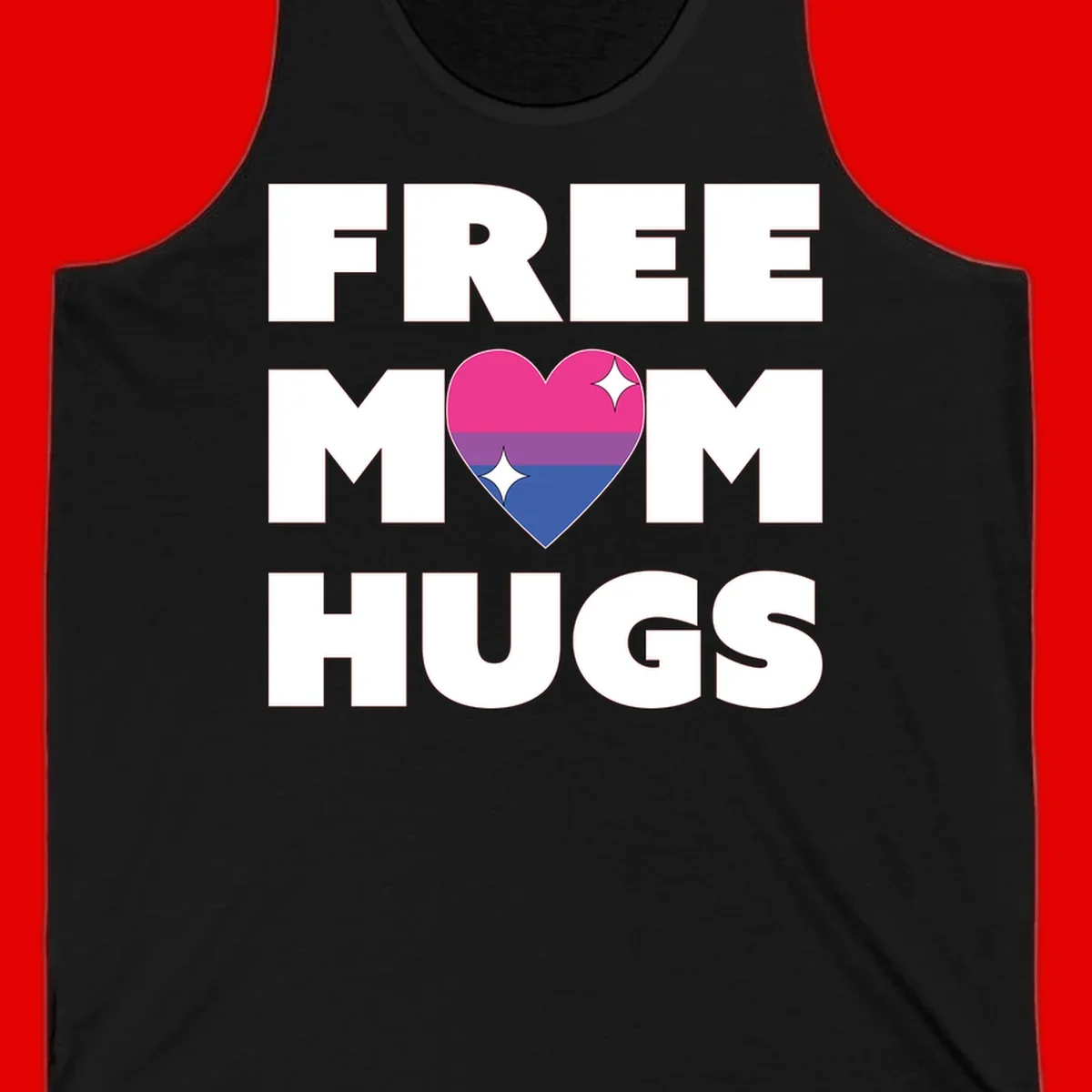 Free Mom Hugs design with bisexual pride flag heart and white sparkles on gray background