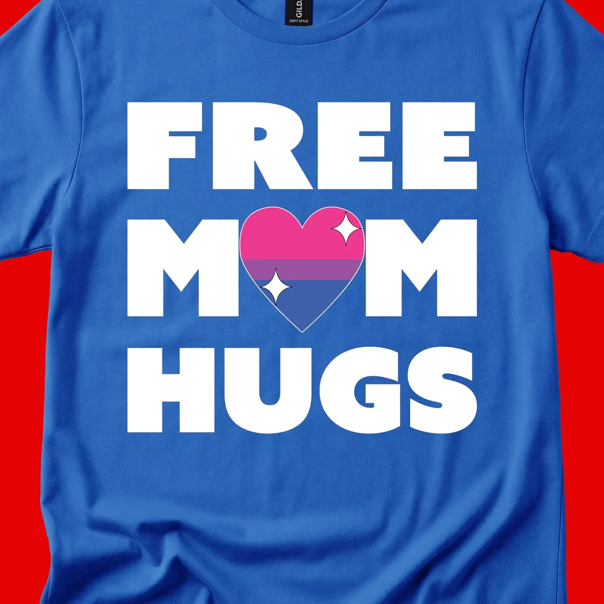 Free Mom Hugs design with bisexual pride flag heart and white sparkles on gray background