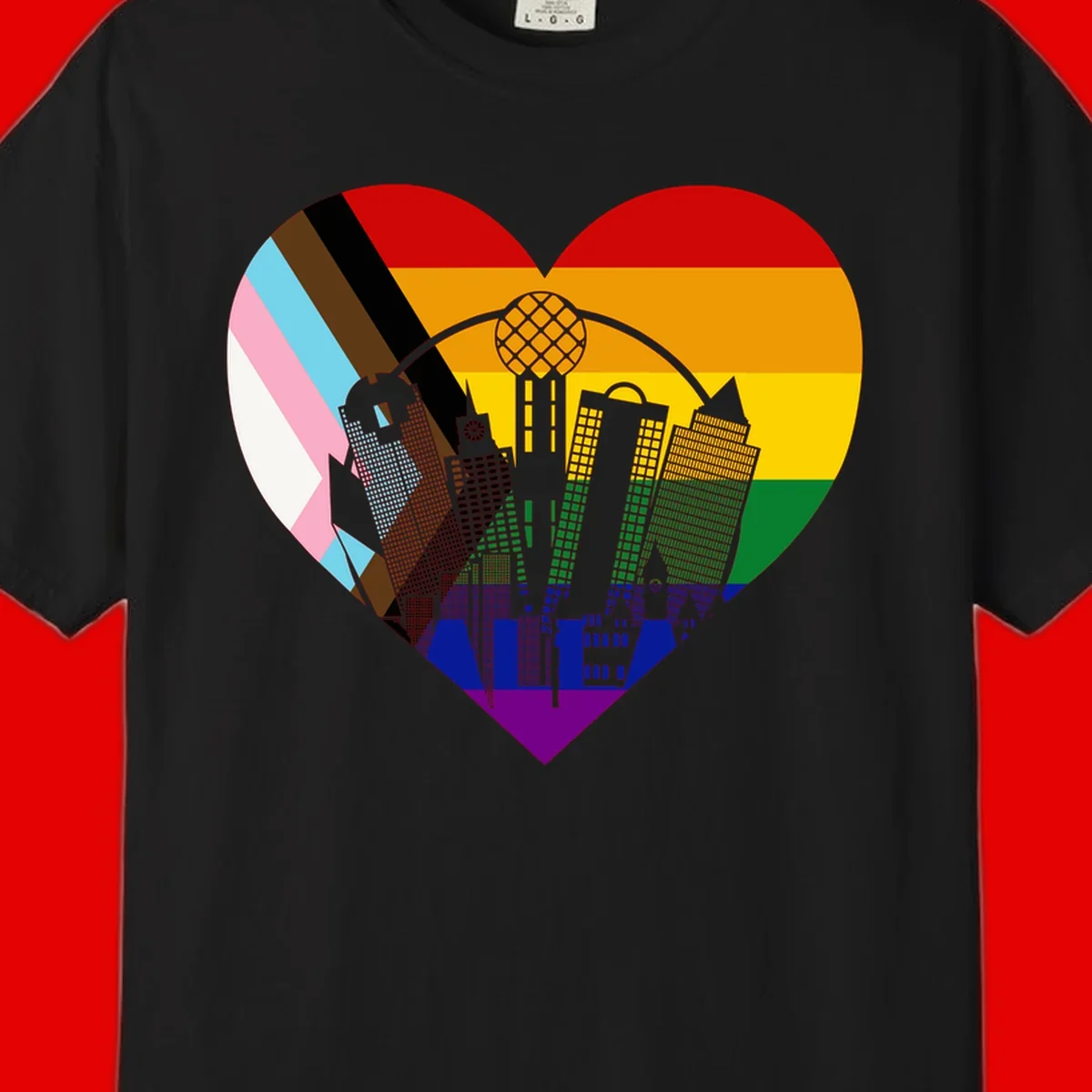 Heart-shaped design with rainbow pride flag and gray city skyline featuring skyscrapers and urban architecture