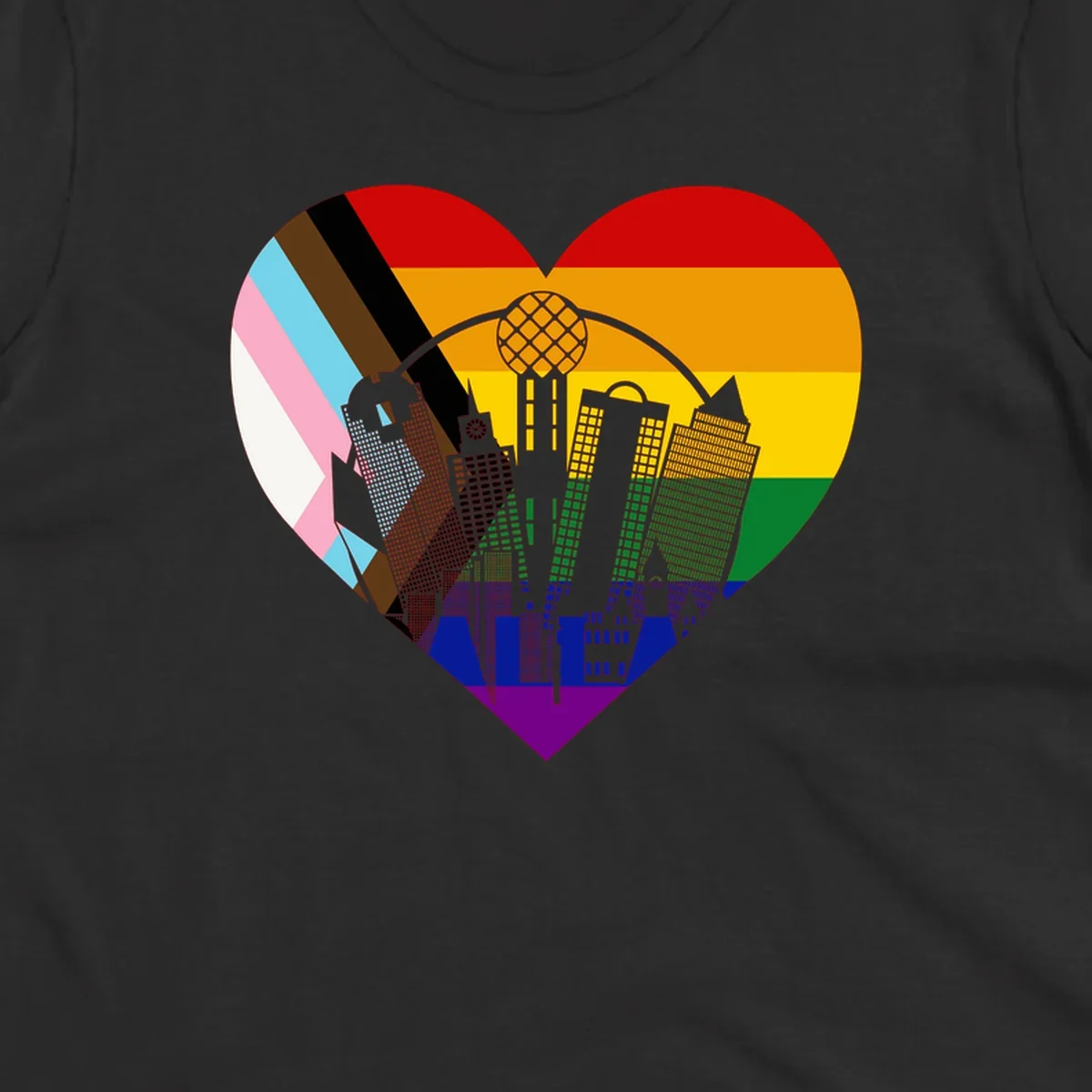 Heart-shaped design with rainbow pride flag and gray city skyline featuring skyscrapers and urban architecture