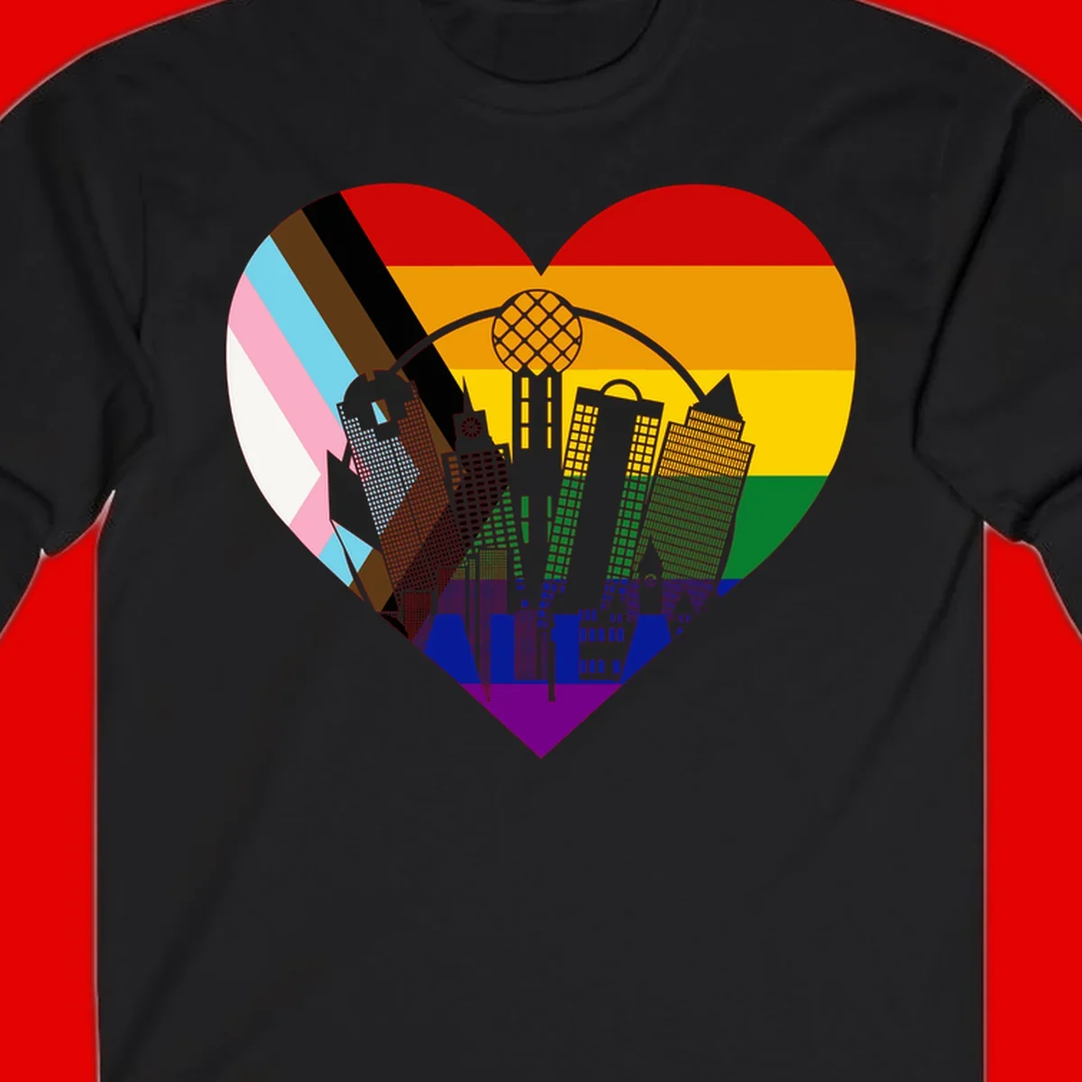 Heart-shaped design with rainbow pride flag and gray city skyline featuring skyscrapers and urban architecture