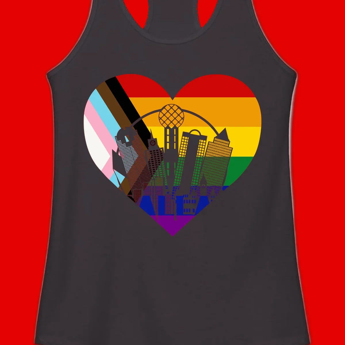 Heart-shaped design with rainbow pride flag and gray city skyline featuring skyscrapers and urban architecture