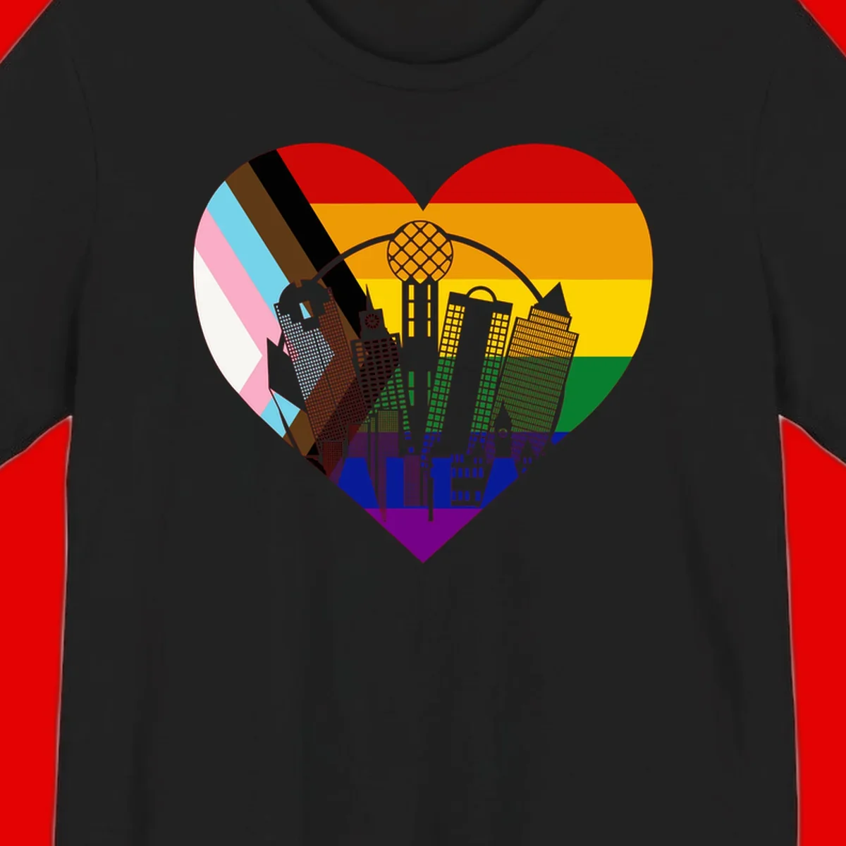 Heart-shaped design with rainbow pride flag and gray city skyline featuring skyscrapers and urban architecture