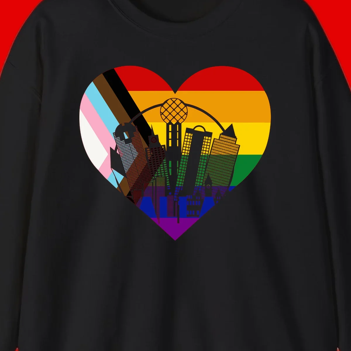 Heart-shaped design with rainbow pride flag and gray city skyline featuring skyscrapers and urban architecture