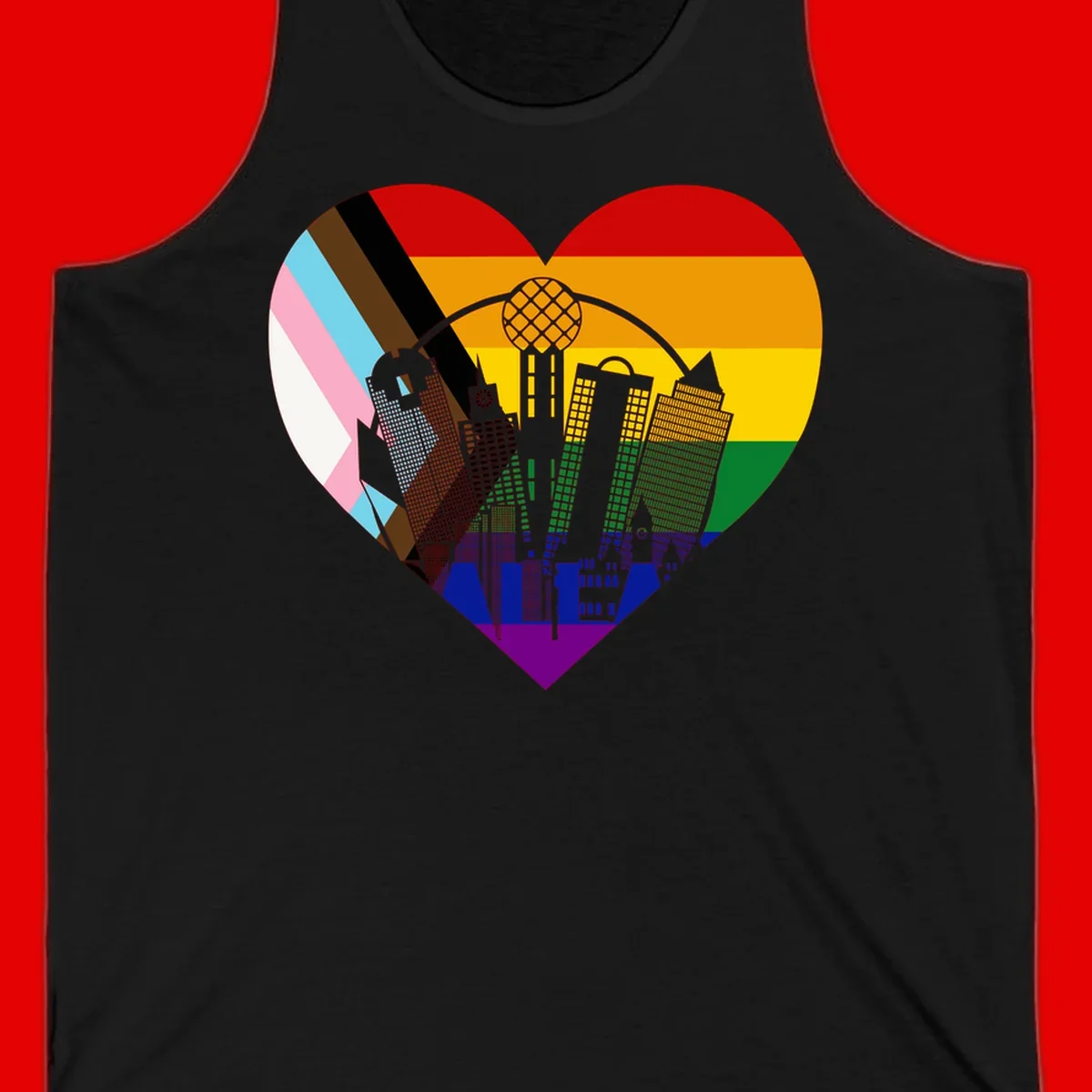 Heart-shaped design with rainbow pride flag and gray city skyline featuring skyscrapers and urban architecture