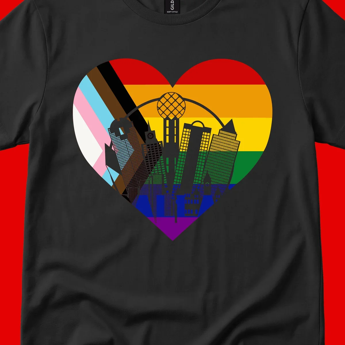 Heart-shaped design with rainbow pride flag and gray city skyline featuring skyscrapers and urban architecture