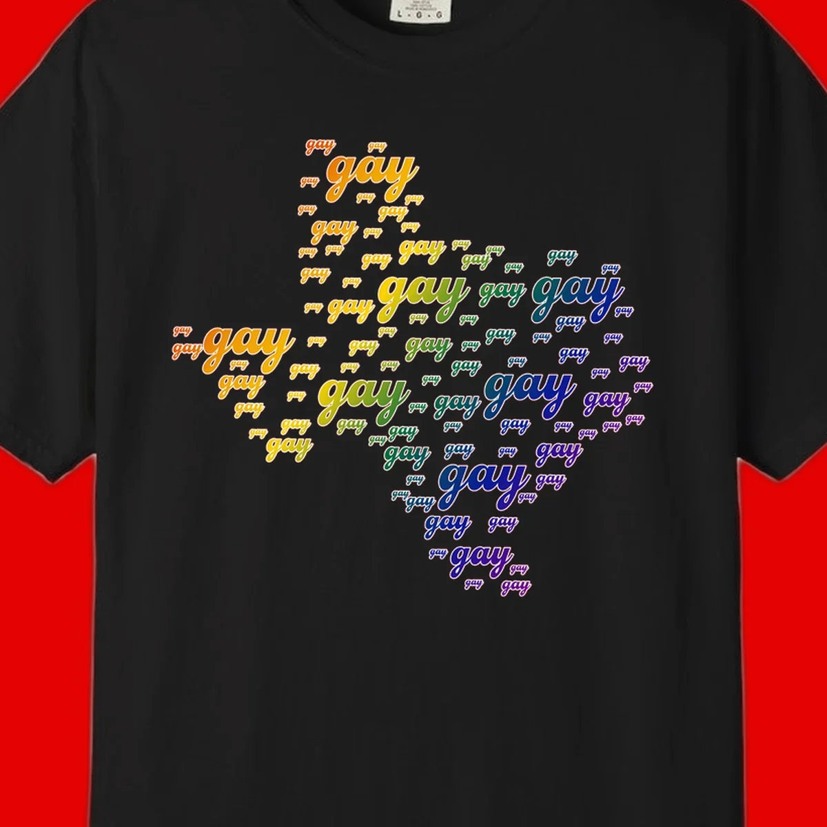 Gay pride word cloud design with 'gay' text repeated in rainbow gradient colors from orange to purple, arranged in a map-like shape