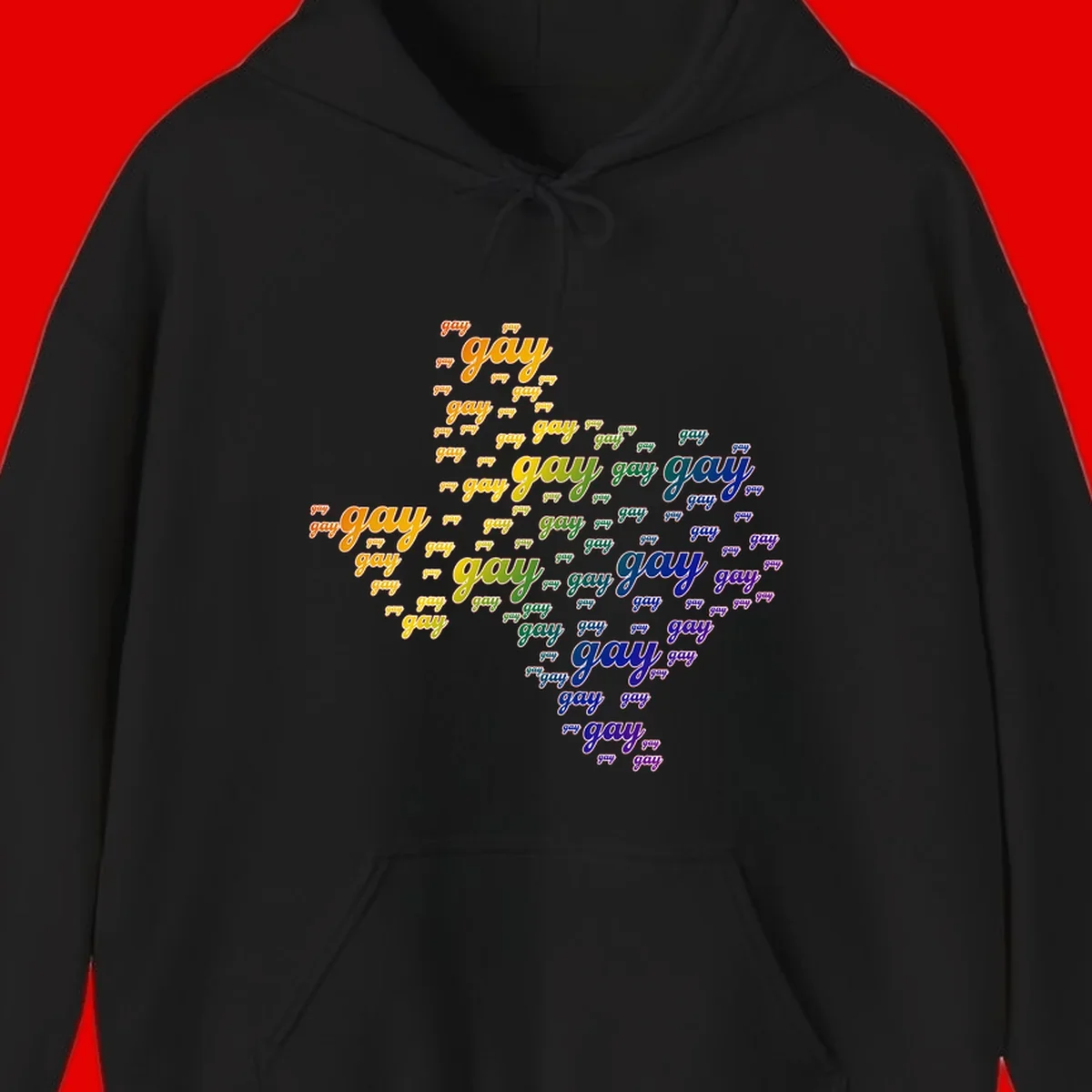 Gay pride word cloud design with 'gay' text repeated in rainbow gradient colors from orange to purple, arranged in a map-like shape