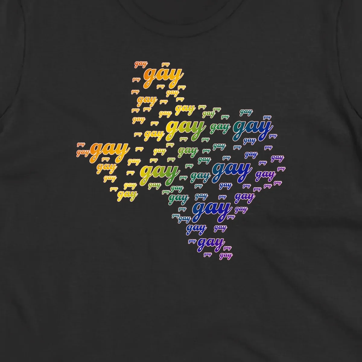 Gay pride word cloud design with 'gay' text repeated in rainbow gradient colors from orange to purple, arranged in a map-like shape