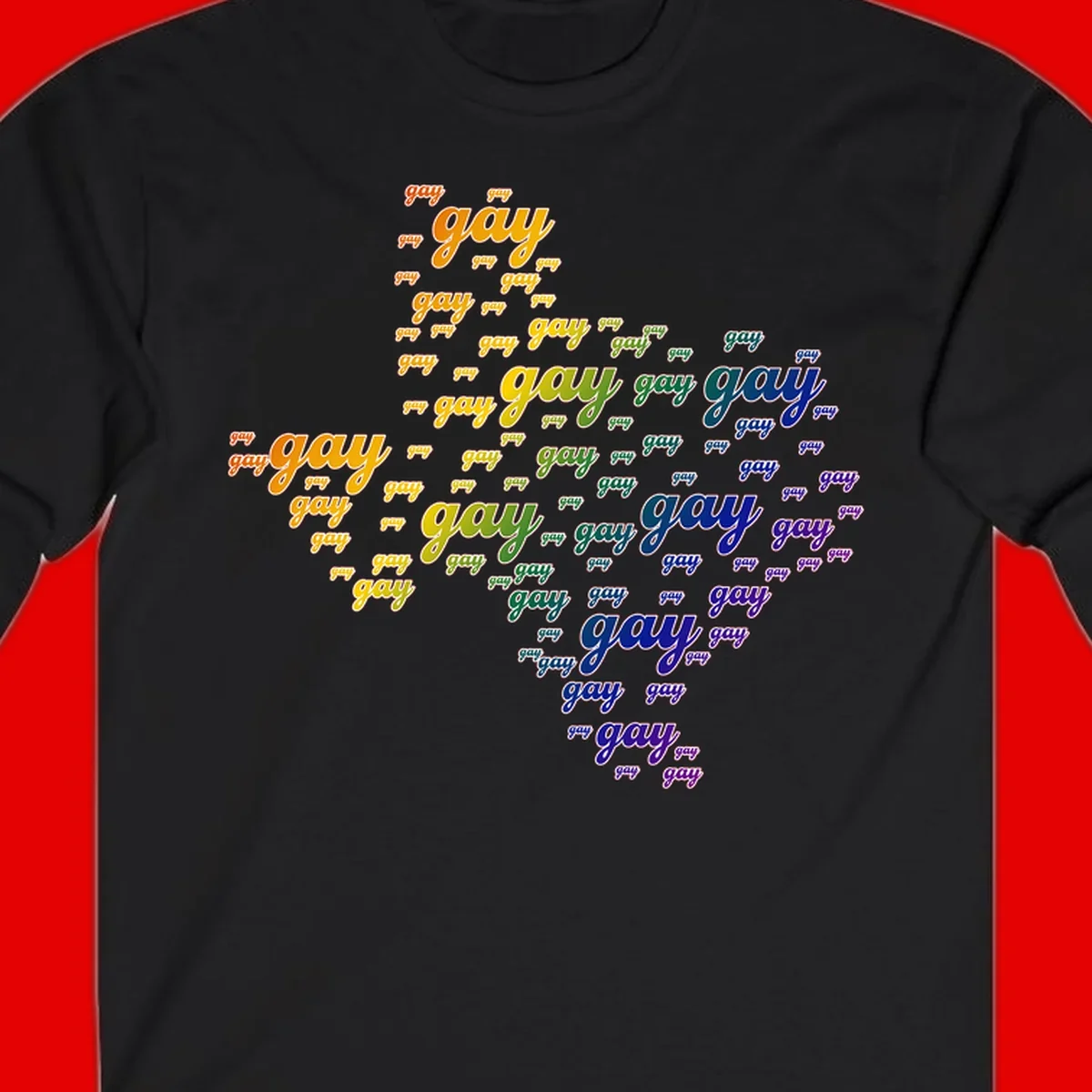 Gay pride word cloud design with 'gay' text repeated in rainbow gradient colors from orange to purple, arranged in a map-like shape