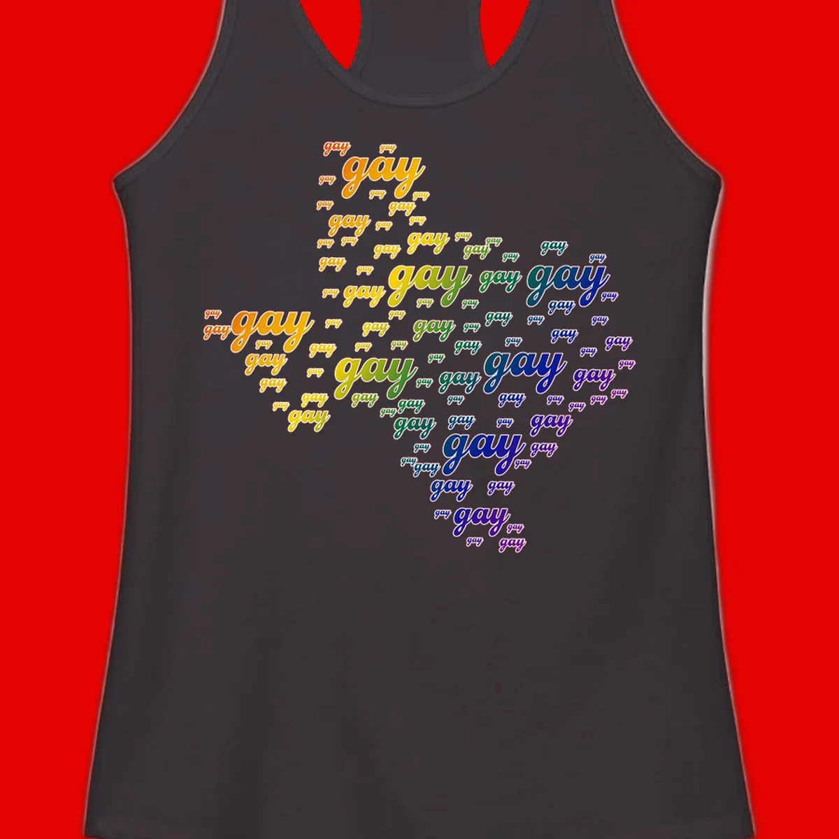 Gay pride word cloud design with 'gay' text repeated in rainbow gradient colors from orange to purple, arranged in a map-like shape