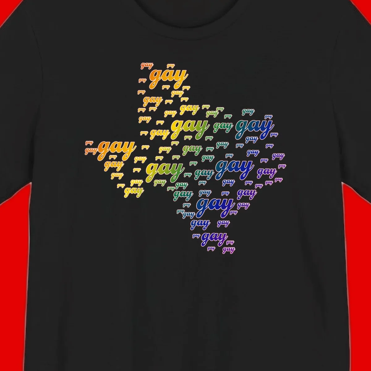 Gay pride word cloud design with 'gay' text repeated in rainbow gradient colors from orange to purple, arranged in a map-like shape