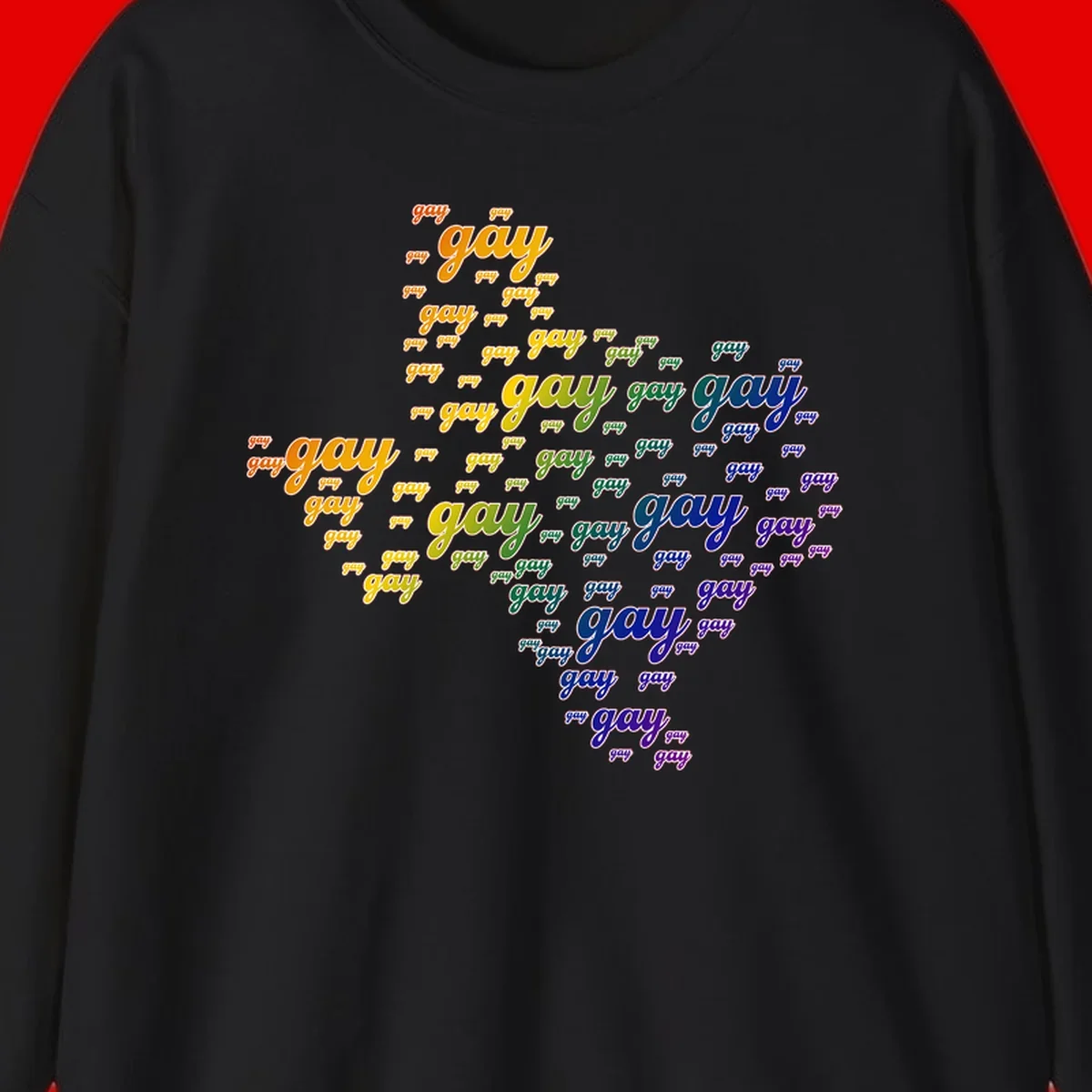 Gay pride word cloud design with 'gay' text repeated in rainbow gradient colors from orange to purple, arranged in a map-like shape