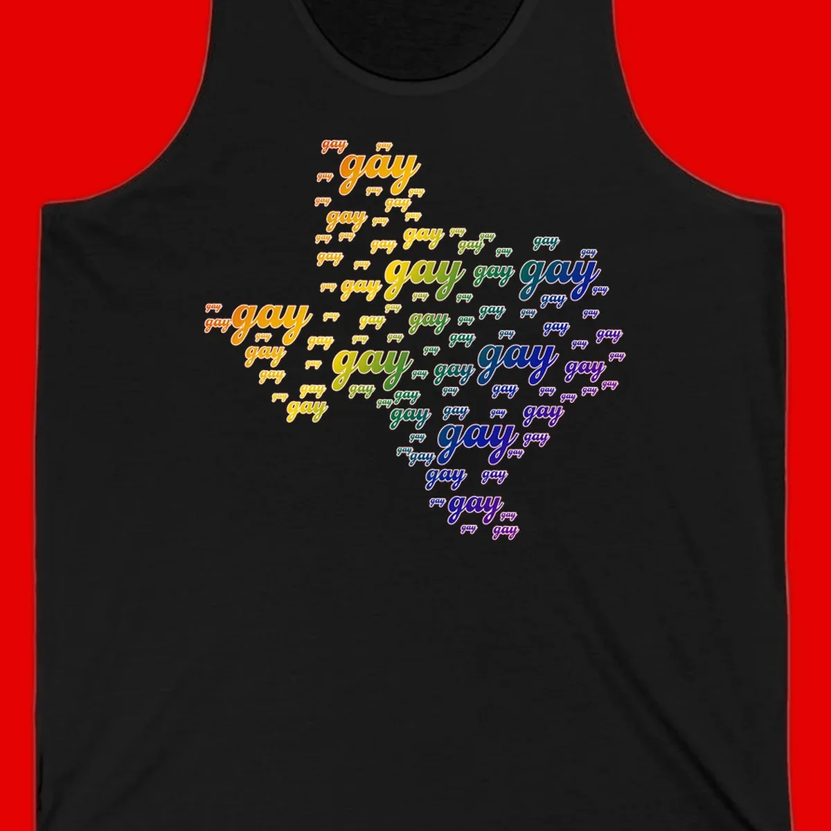 Gay pride word cloud design with 'gay' text repeated in rainbow gradient colors from orange to purple, arranged in a map-like shape