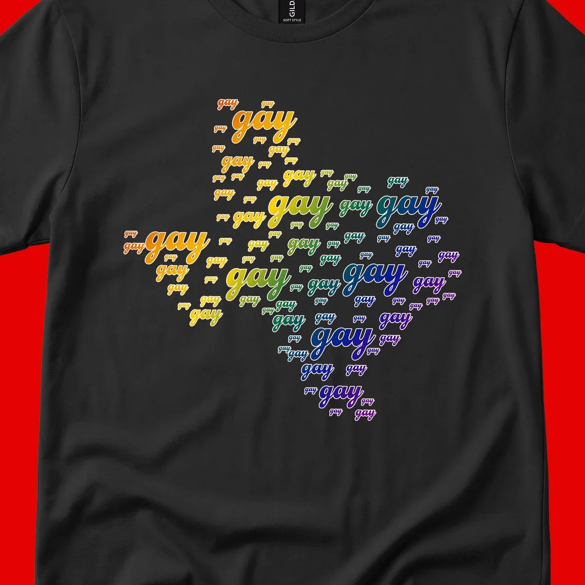 Gay pride word cloud design with 'gay' text repeated in rainbow gradient colors from orange to purple, arranged in a map-like shape