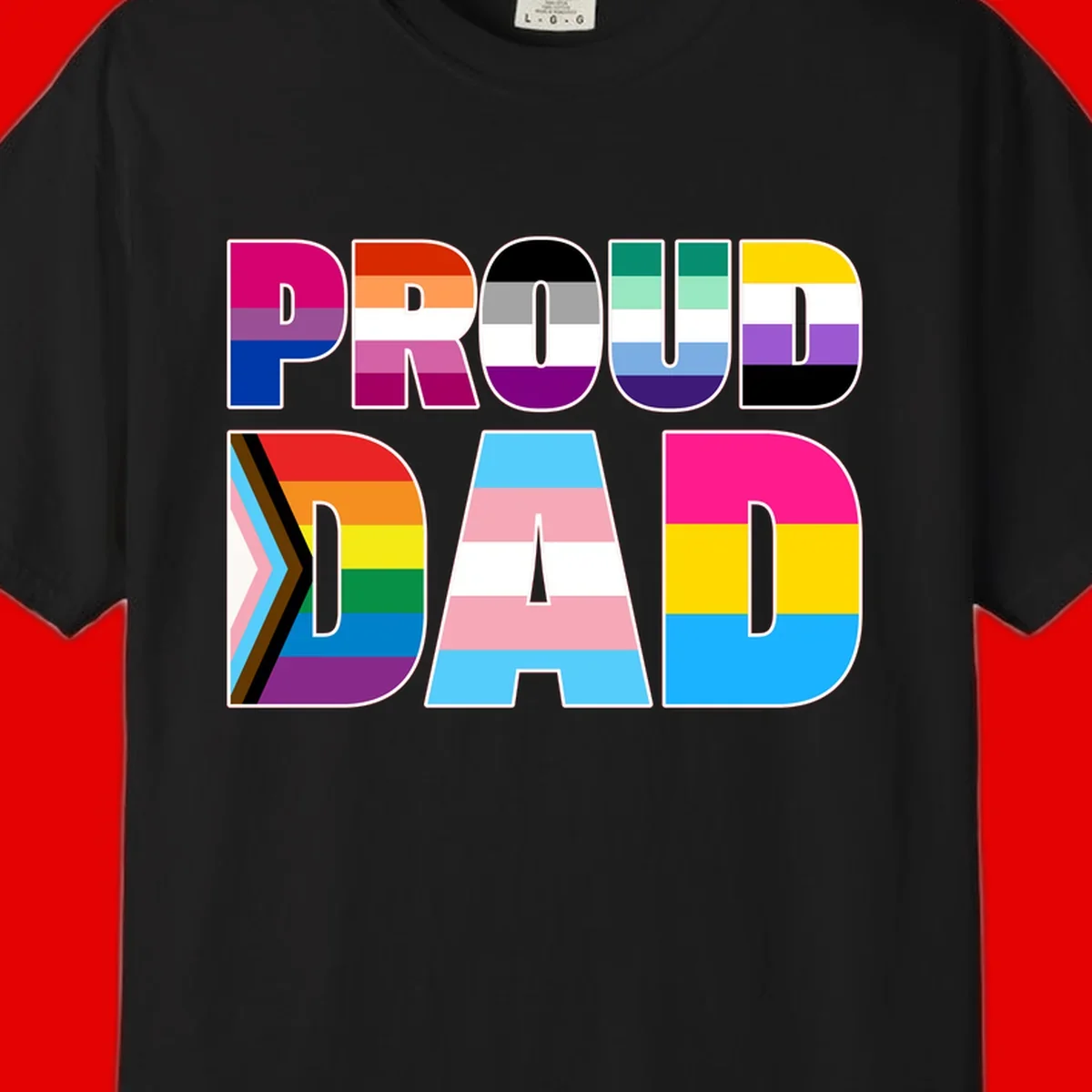Large colorful letters spelling PROUD DAD filled with LGBTQ+ pride flag stripes including rainbow, trans, intersex, and asexual pride colors