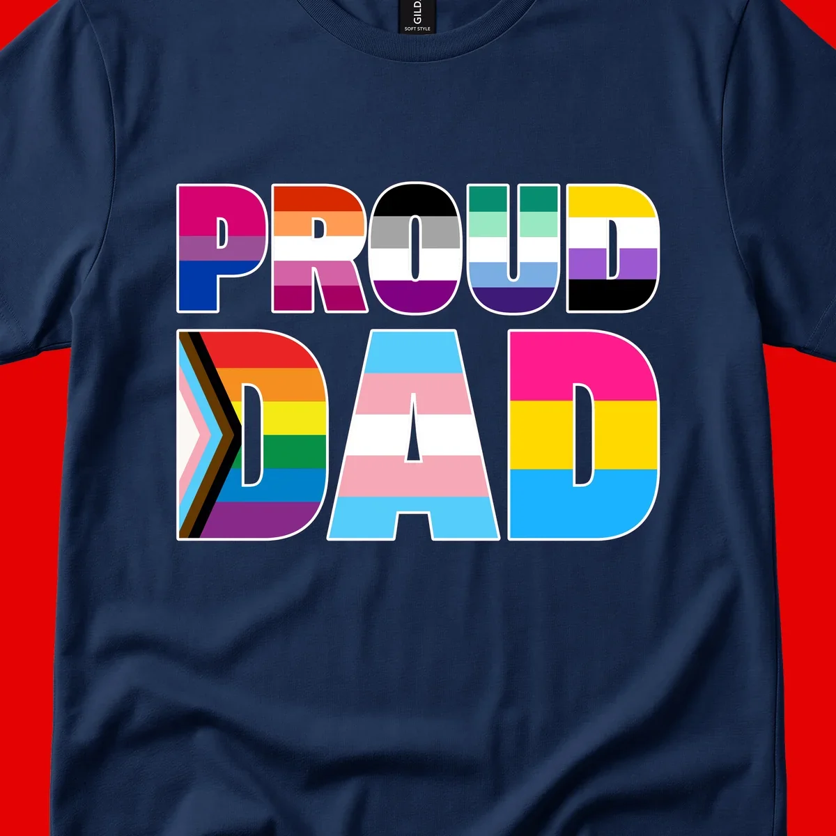 Large colorful letters spelling PROUD DAD filled with LGBTQ+ pride flag stripes including rainbow, trans, intersex, and asexual pride colors