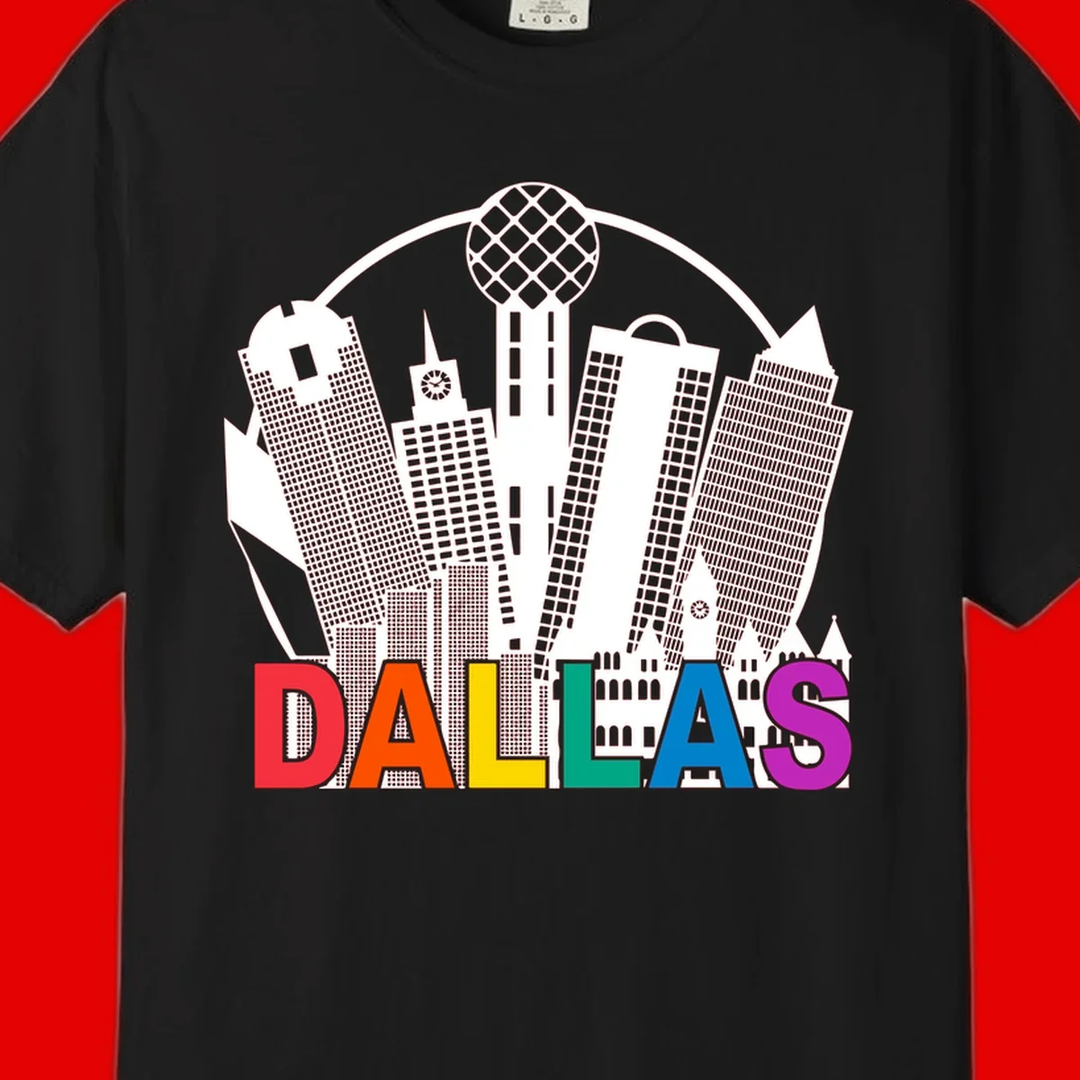 Dallas skyline illustration with Reunion Tower and iconic buildings in white, with 'DALLAS' text in rainbow pride colors below