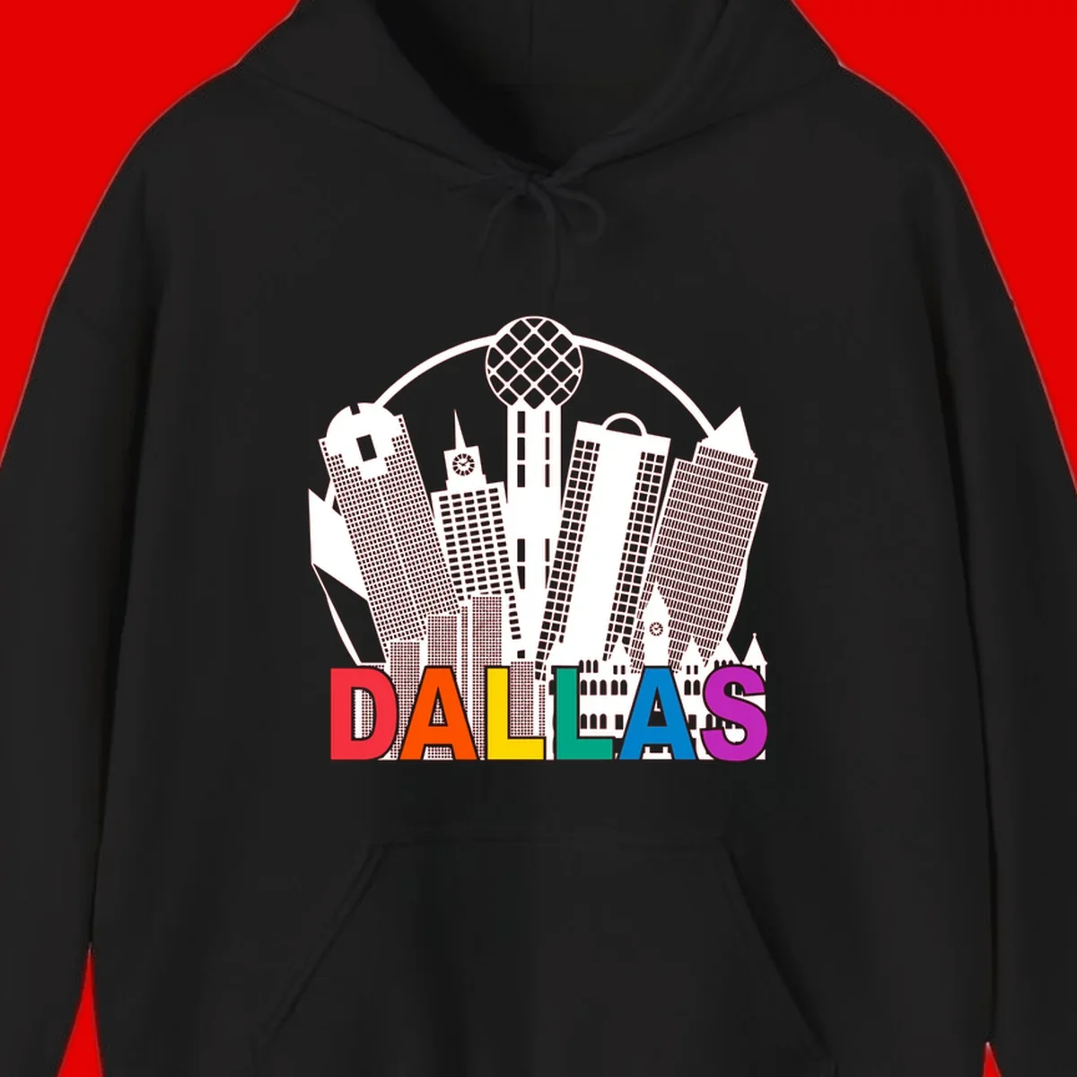 Dallas skyline illustration with Reunion Tower and iconic buildings in white, with 'DALLAS' text in rainbow pride colors below