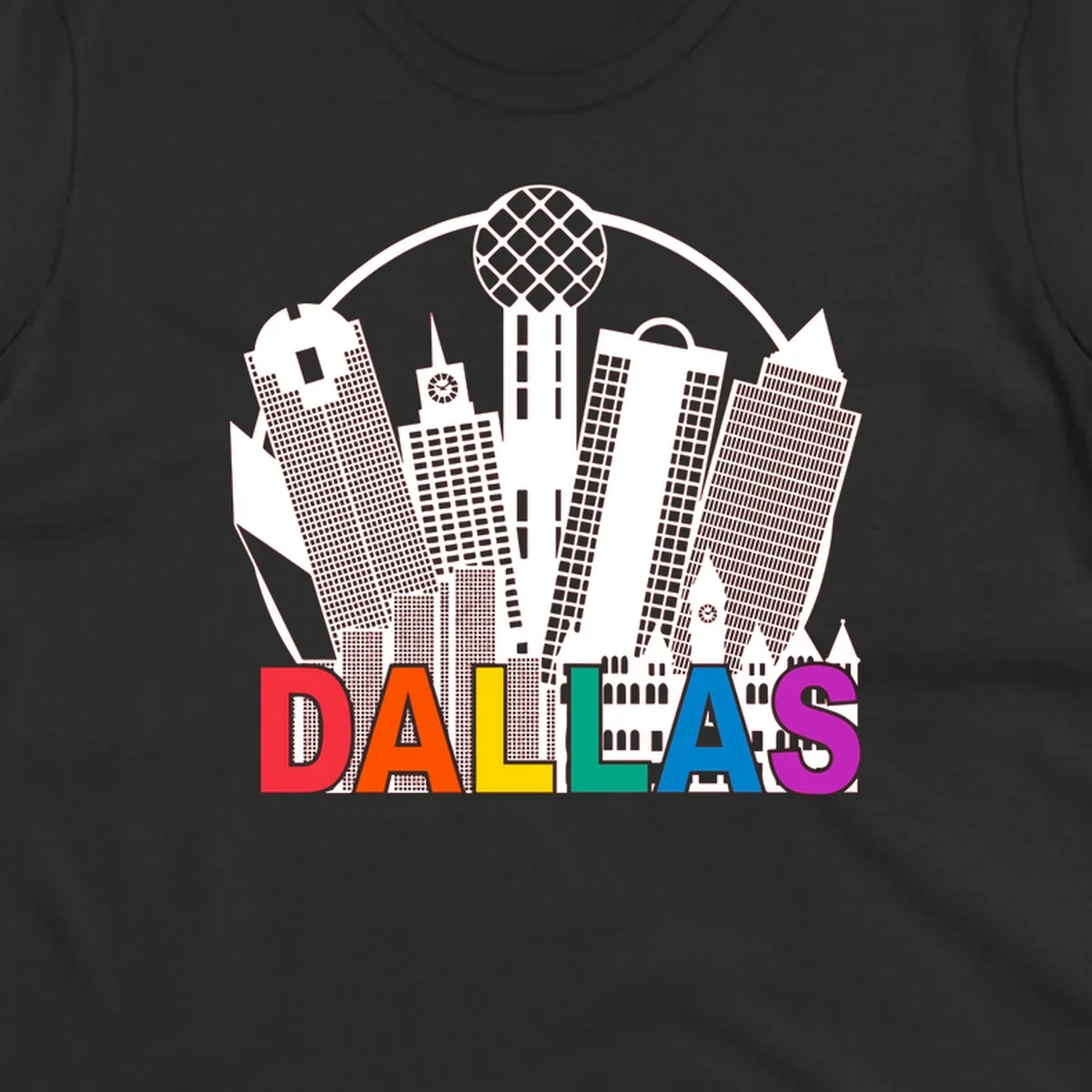Dallas skyline illustration with Reunion Tower and iconic buildings in white, with 'DALLAS' text in rainbow pride colors below